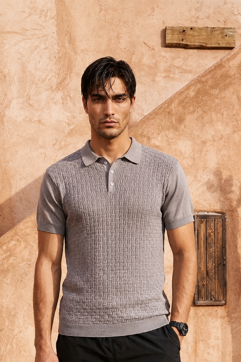 Ash Grey Basket Weave Cotton Knit Polo T-Shirt