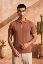 Smokey Camel Cable Cotton Knit Polo T-Shirt