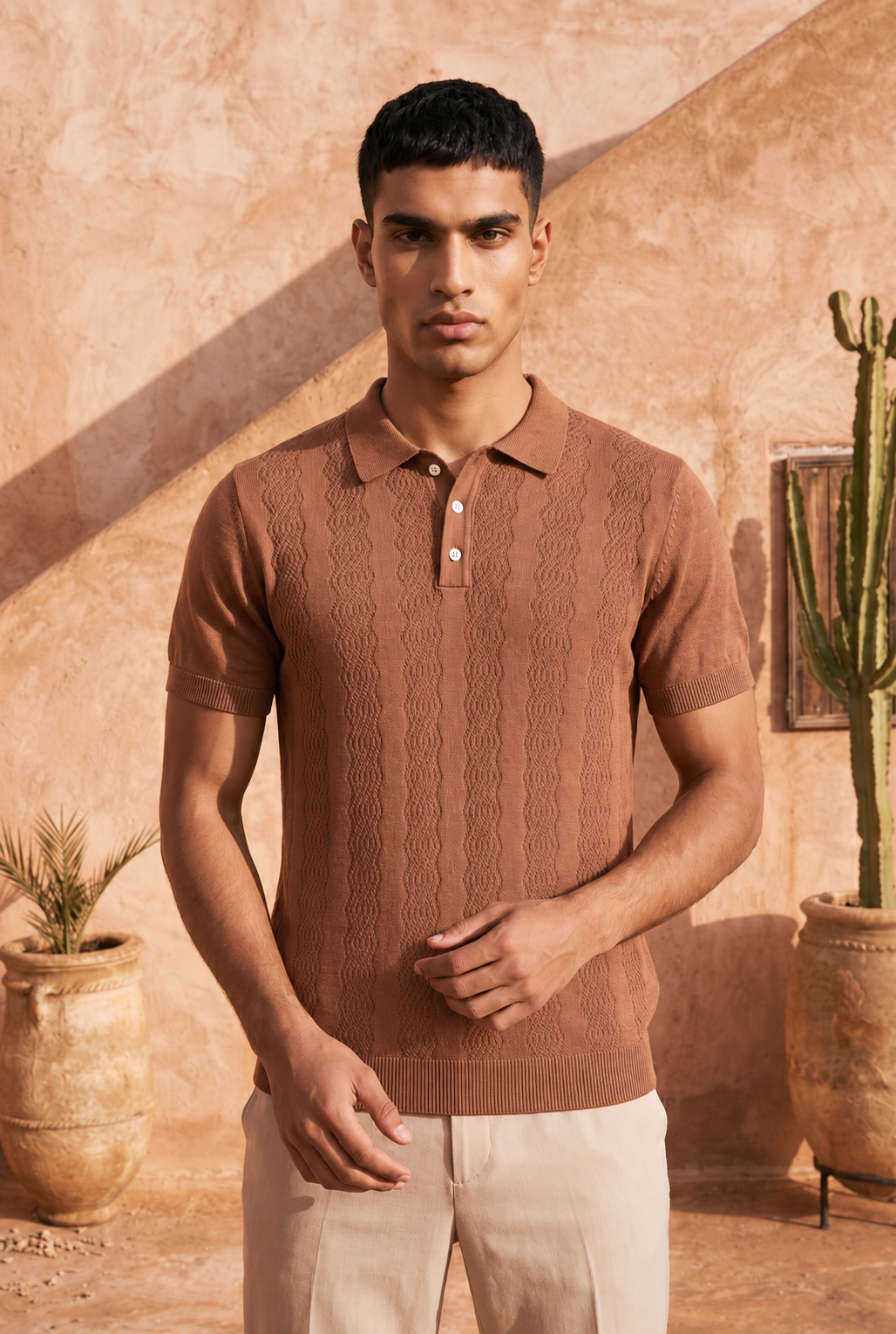 Smokey Camel Cable Cotton Knit Polo T-Shirt