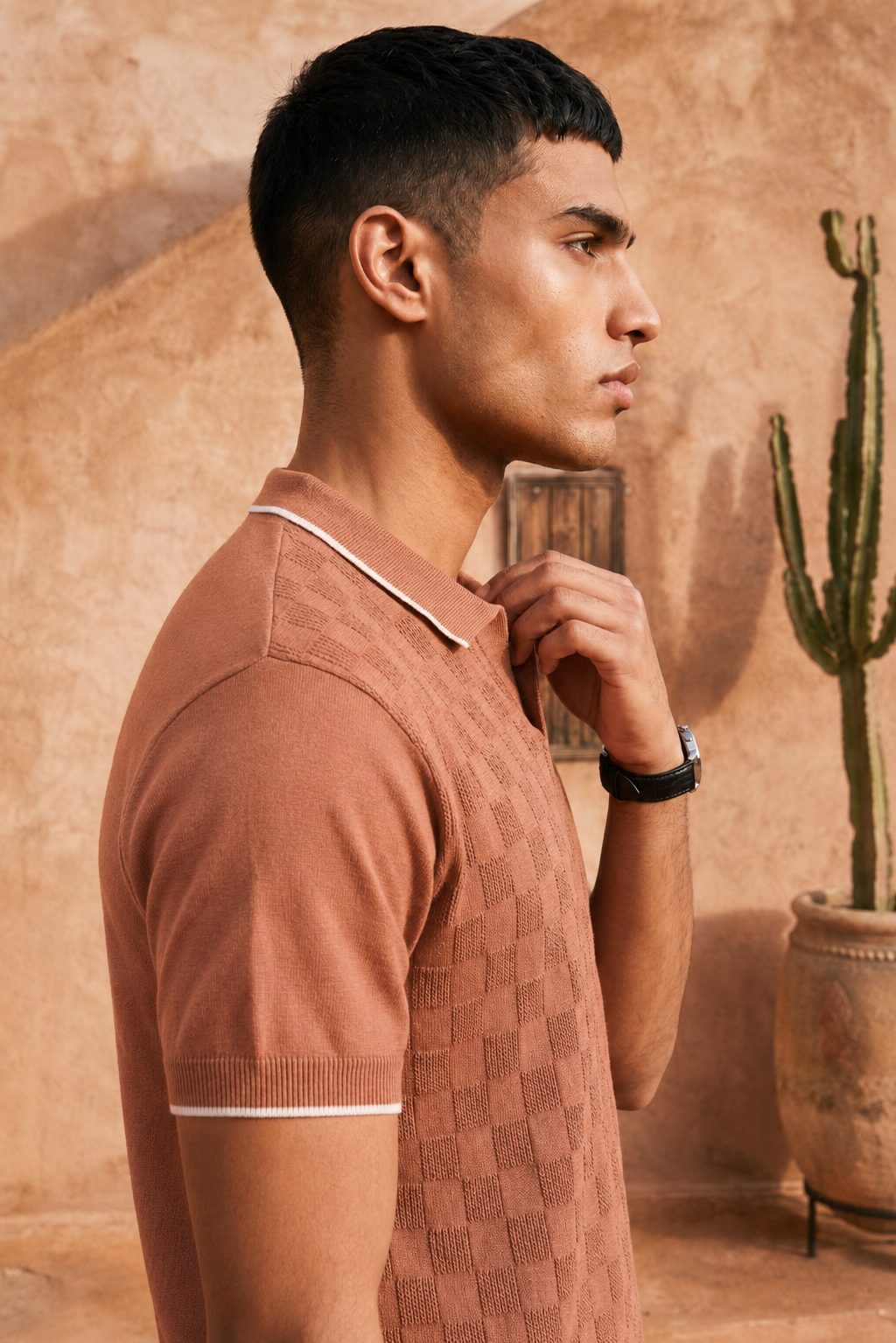 Desert Rose Checkered Cotton Knit Polo T-Shirt