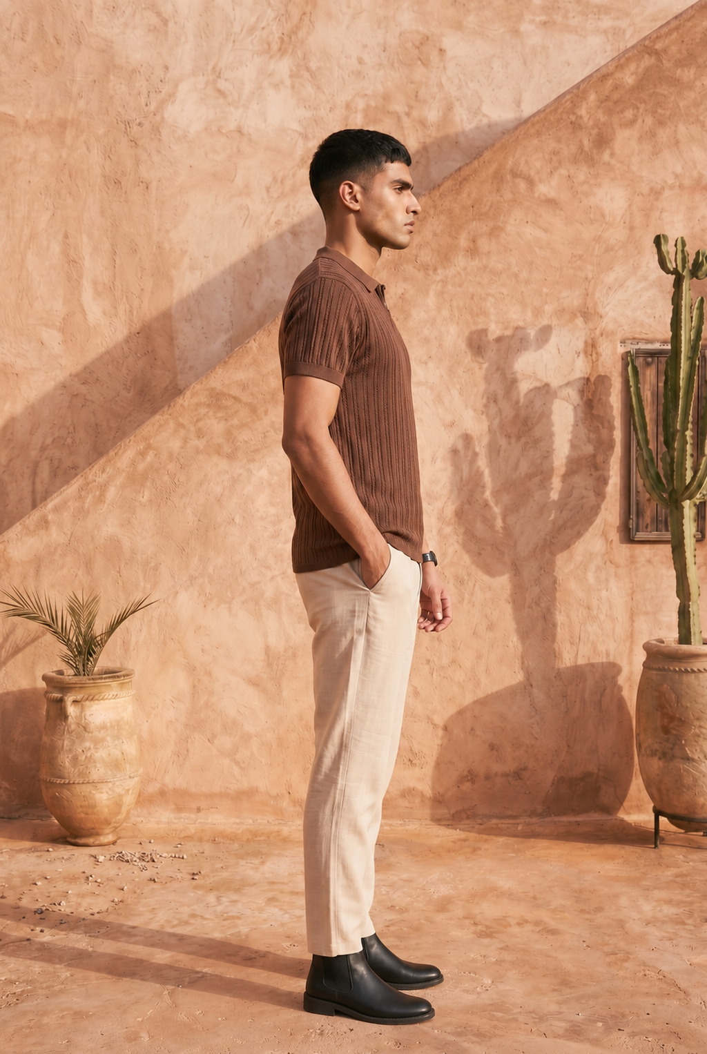 Mocha Brown Cotton Knit Quarter Zip T-Shirt