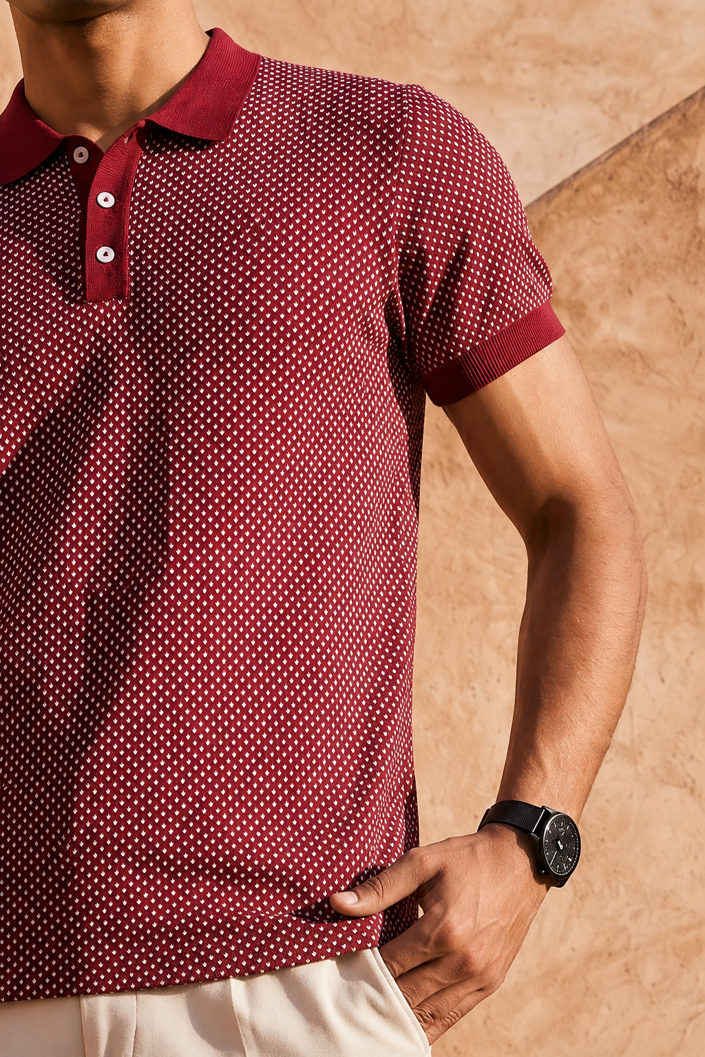 Crimson Melange Cotton Knit Polo T-Shirt