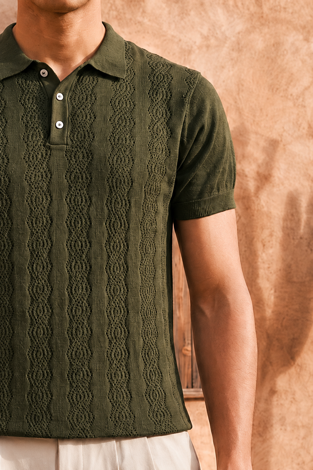 Obsidian Olive Cable Cotton Knit Polo T-Shirt