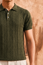 Obsidian Olive Cable Cotton Knit Polo T-Shirt
