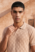 Champagne Beige Checkered Cotton Knit Polo T-Shirt