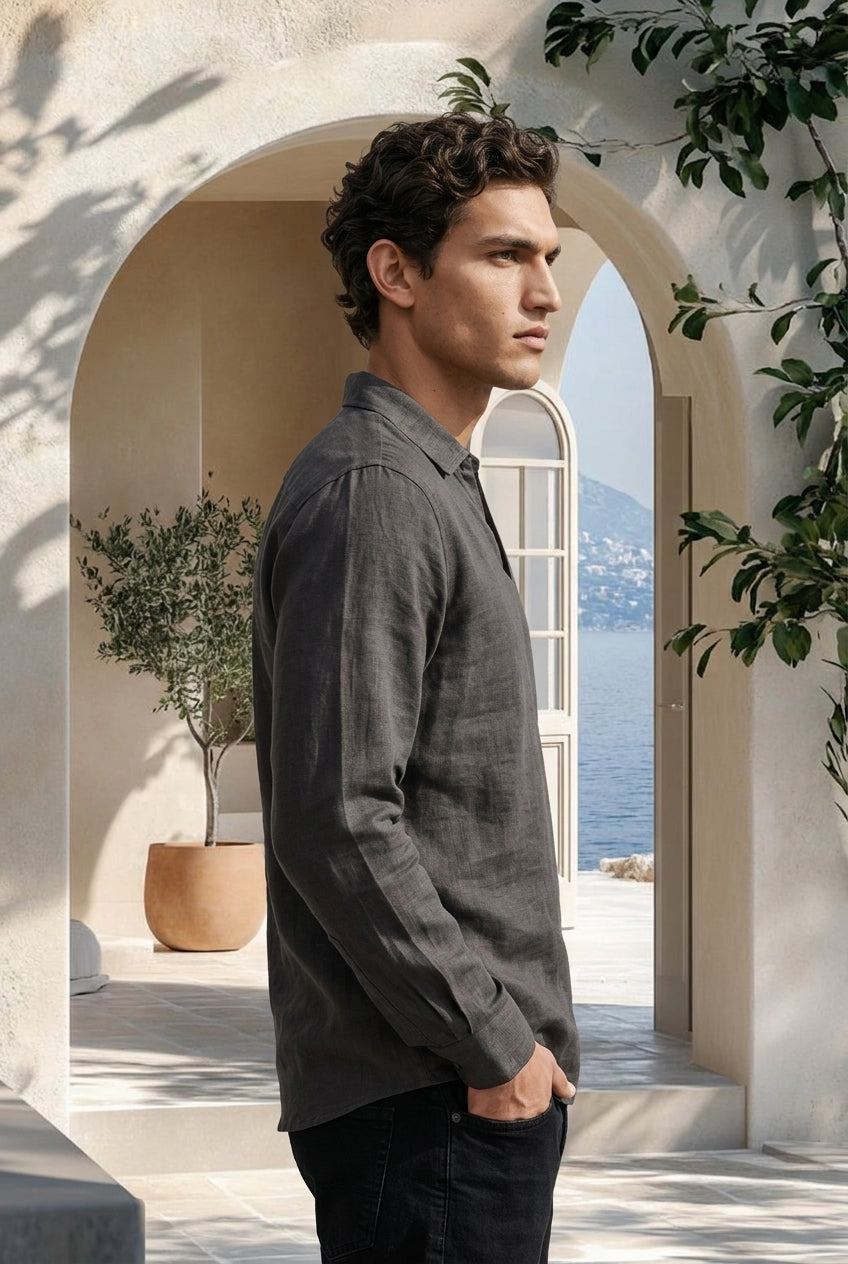 Charcoal Grey Pure Cotton Linen Johnny Collar Polo