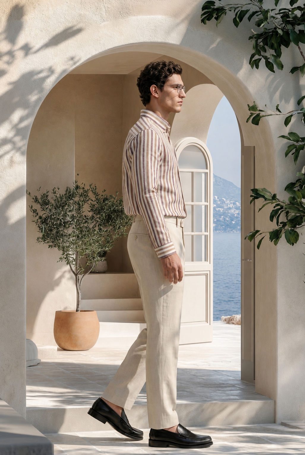 Mocha Stripe Down Button Signature Cotton Shirt