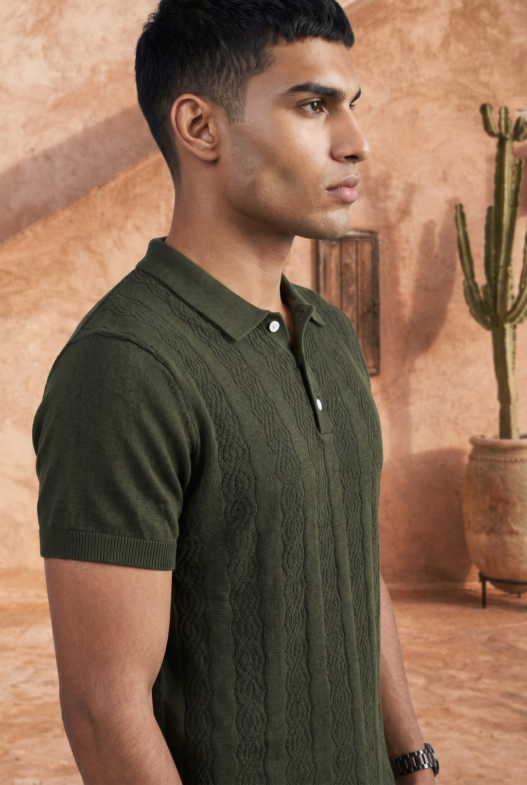 Obsidian Olive Cable Cotton Knit Polo T-Shirt