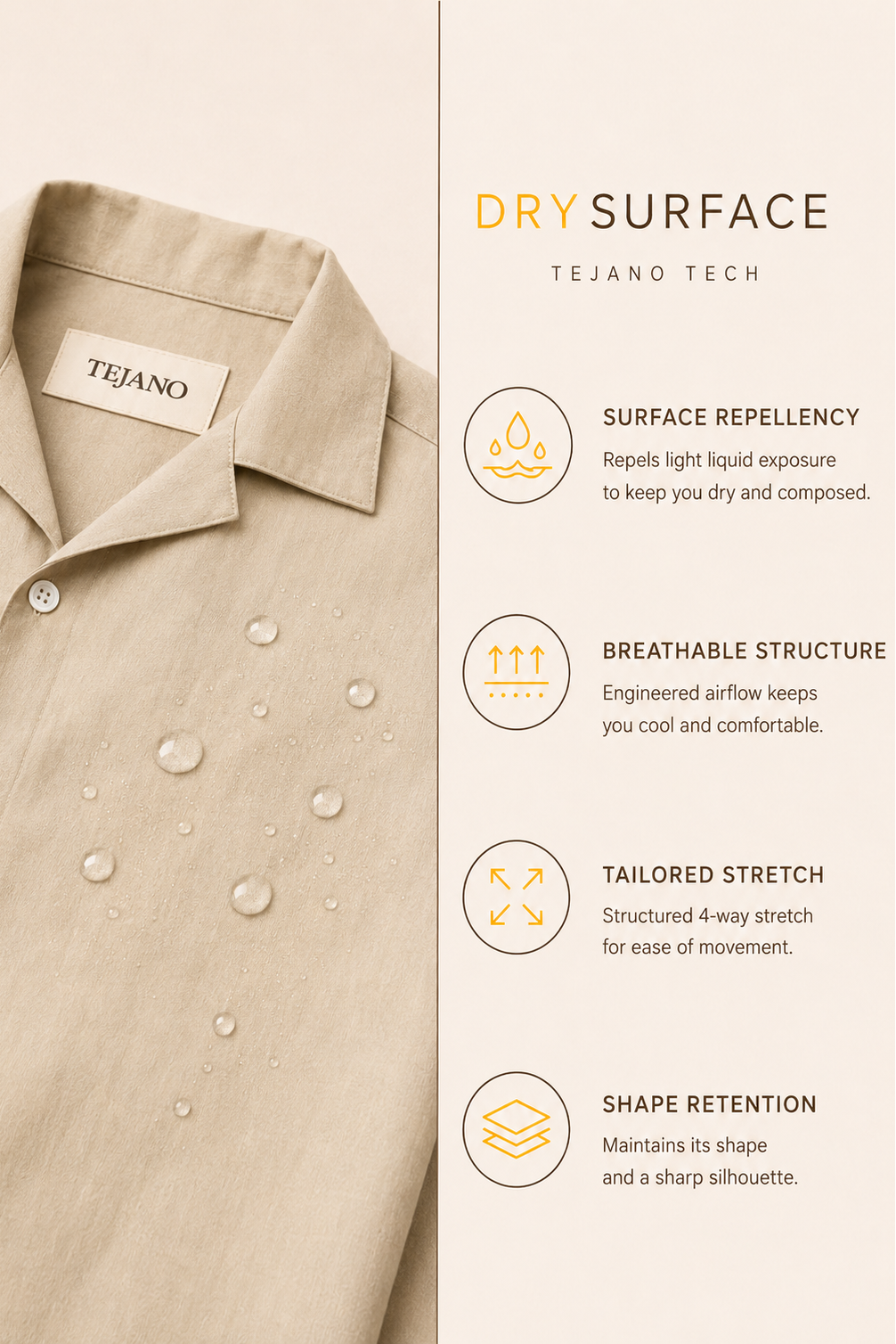 Beige shirt with Tejano label on collar, featuring dry surface technology details.