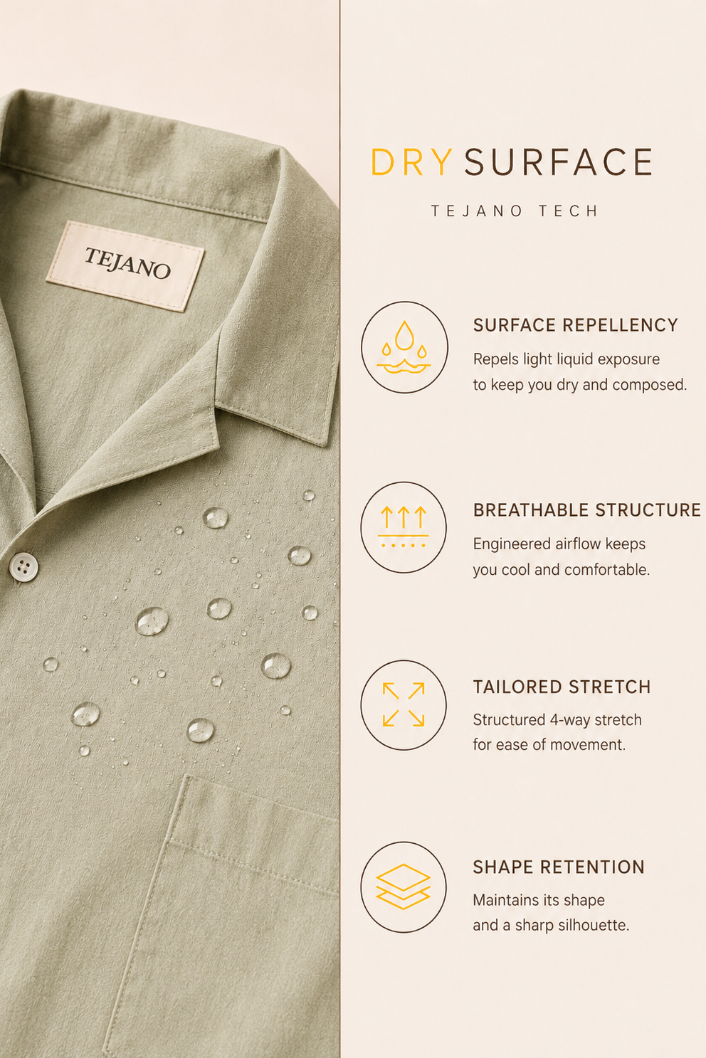 Tejano shirt with dry surface technology features on a beige background