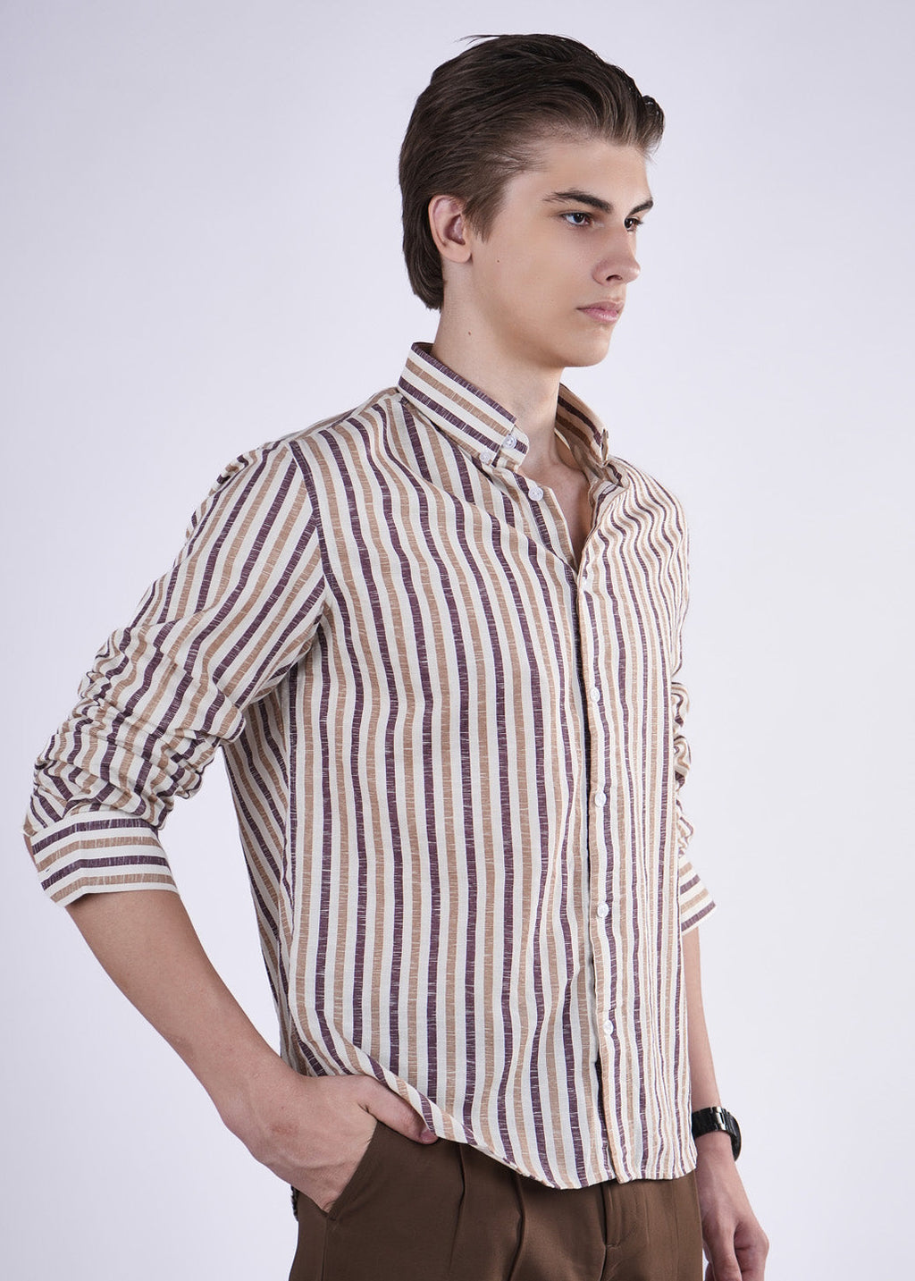 Mocha Stripe Down Button Signature Cotton Shirt