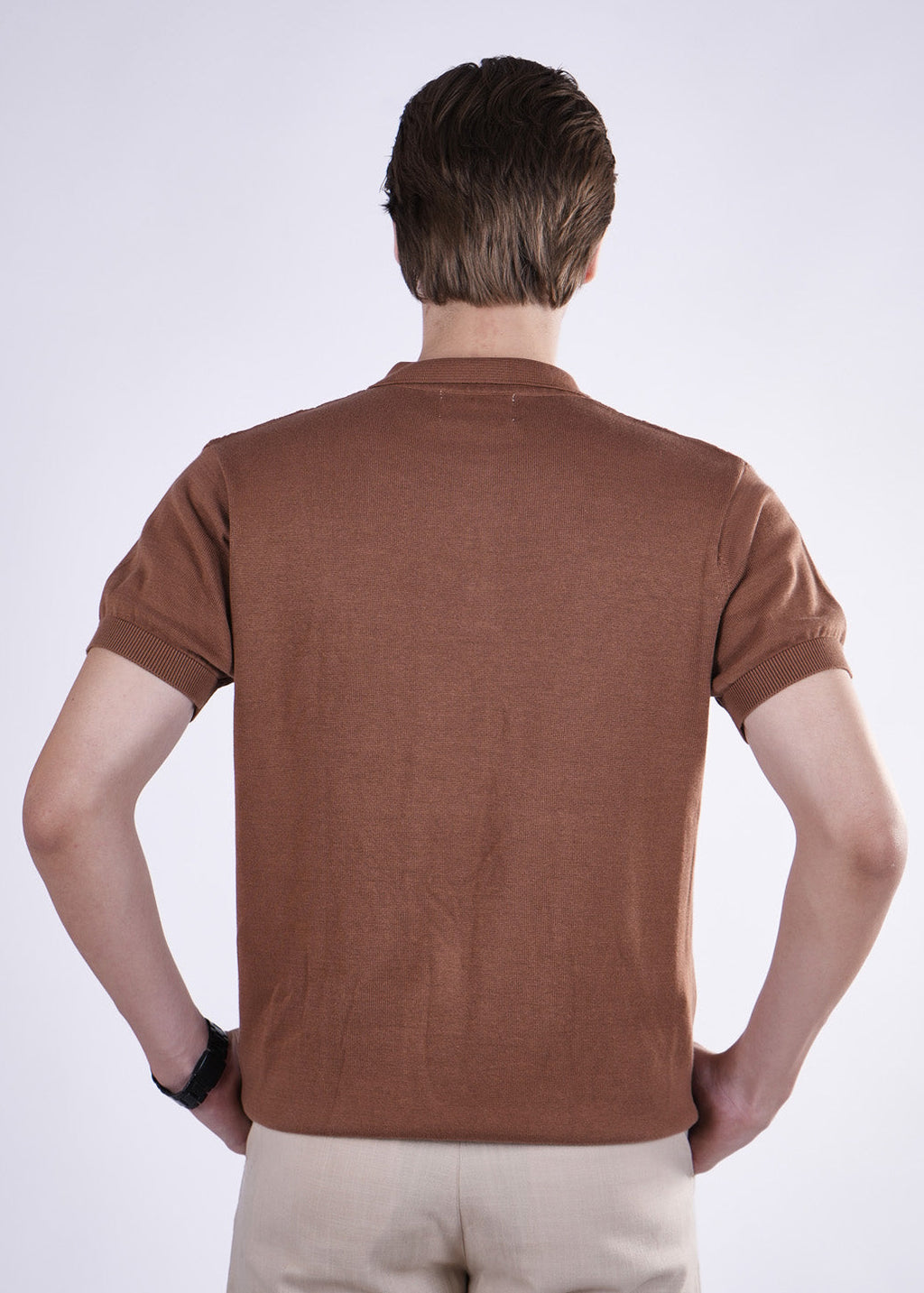 Man wearing a brown polo shirt on a white background