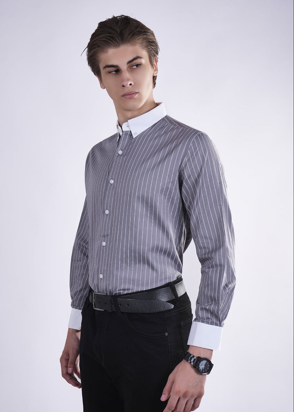 Nardo Grey Stripe Down Button Cotton Shirt