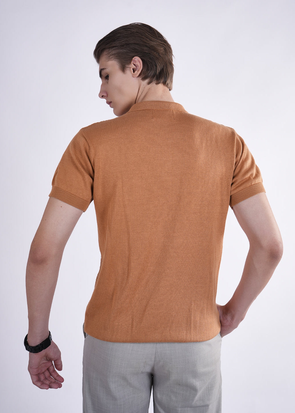 Man wearing a brown polo shirt on a white background
