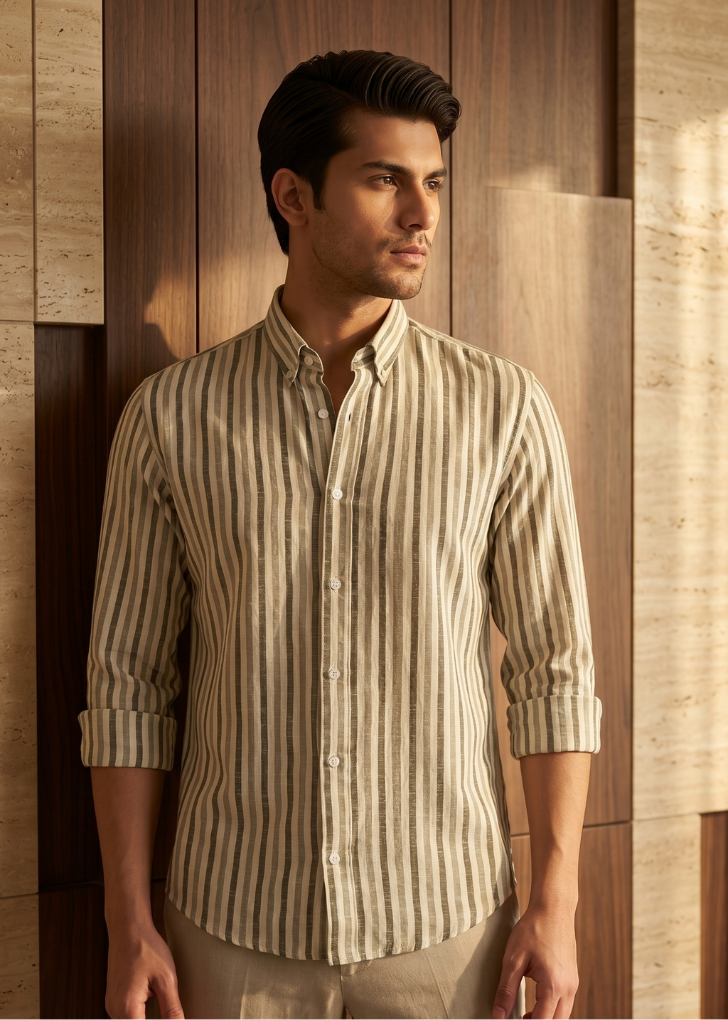 Man wearing a striped shirt standing against a wooden paneled wall