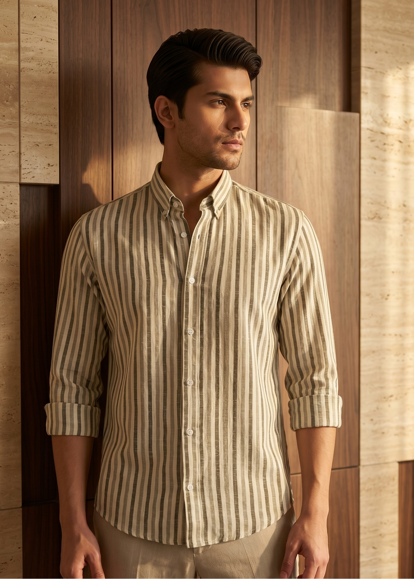 Man wearing a striped shirt standing against a wooden paneled wall