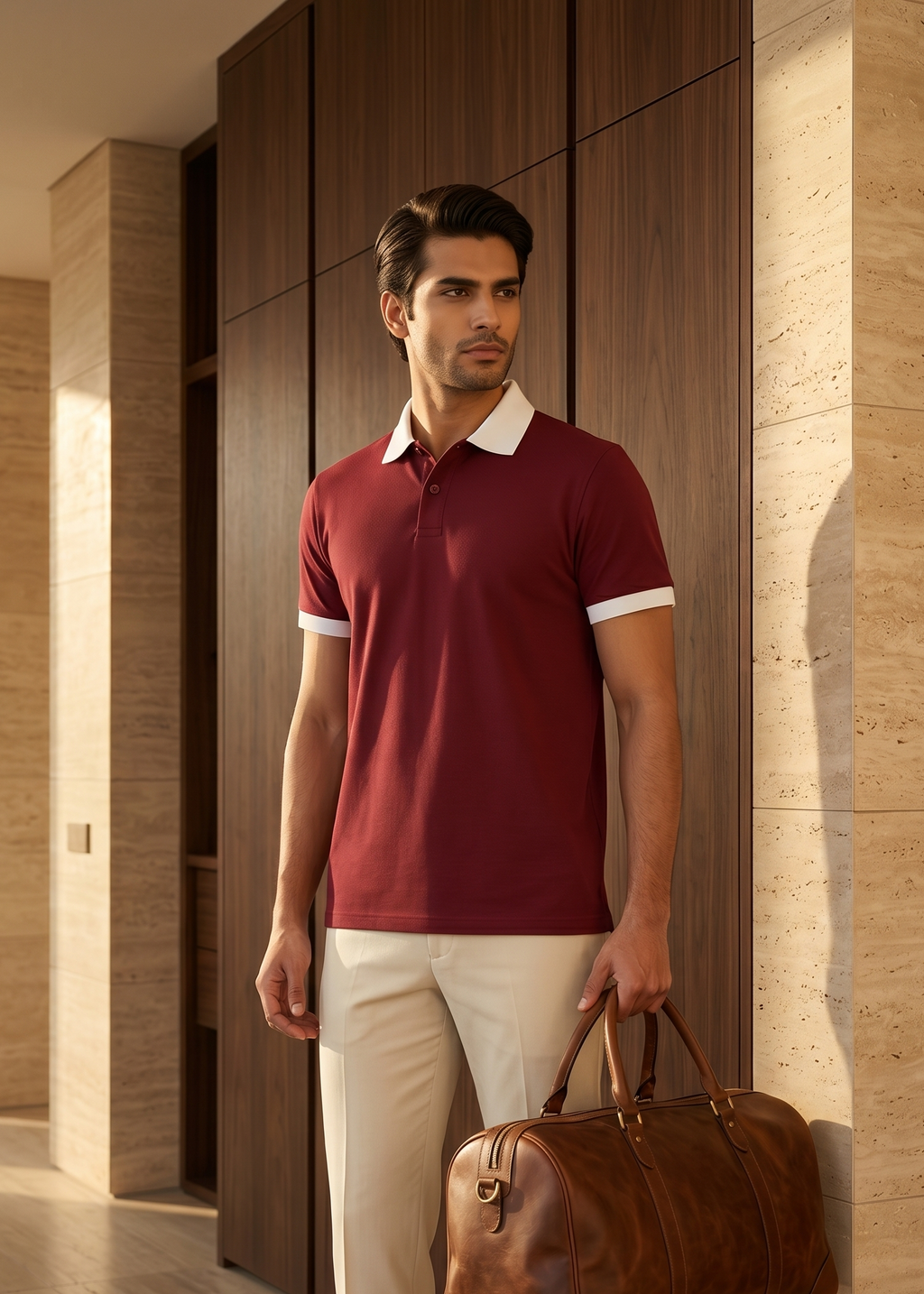 Man in a red polo shirt holding a brown leather bag in a modern interior setting