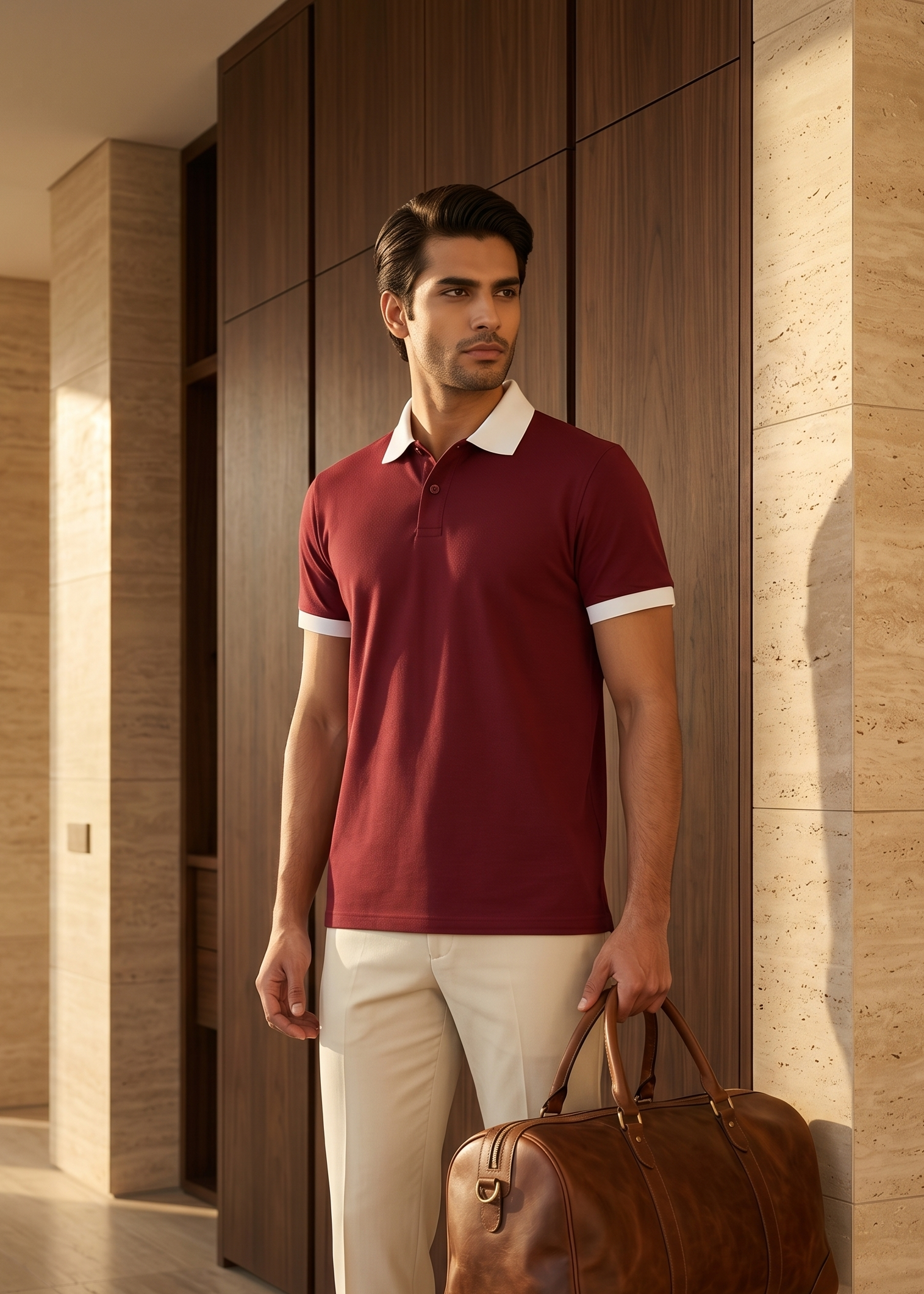 Man in a red polo shirt holding a brown leather bag in a modern interior setting
