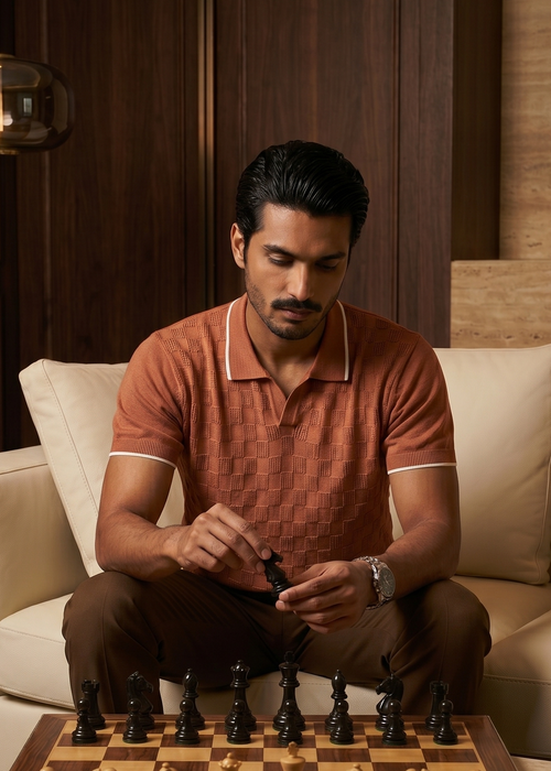 Man playing chess in a cozy living room setting