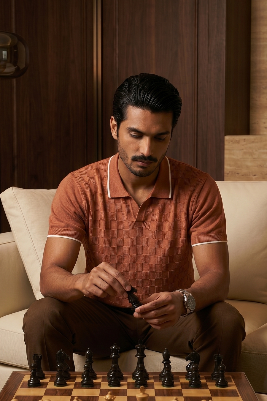 Man playing chess in a cozy living room setting
