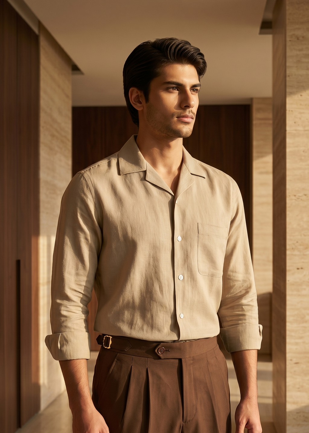 Man wearing a beige shirt and brown pants standing in a sunlit room.