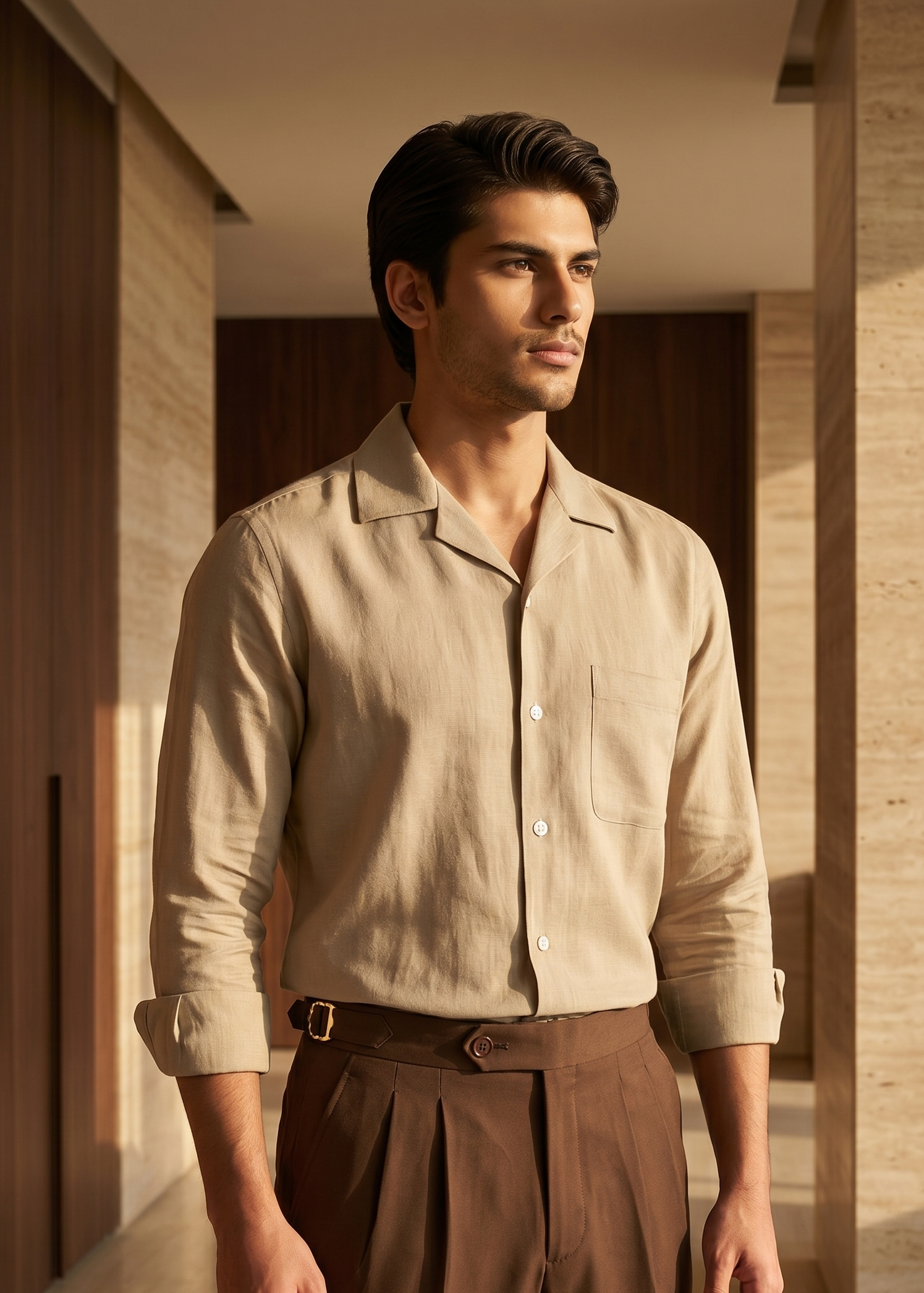 Man wearing a beige shirt and brown pants standing in a sunlit room.