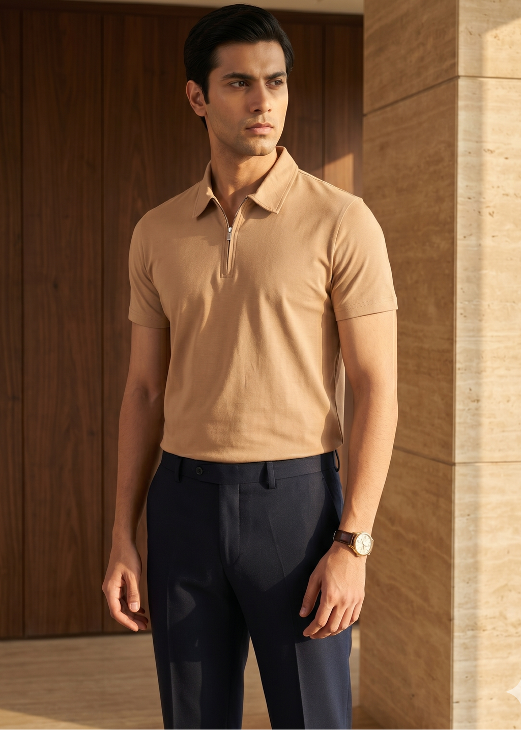 Man wearing a beige polo shirt and dark pants standing against a wooden wall.