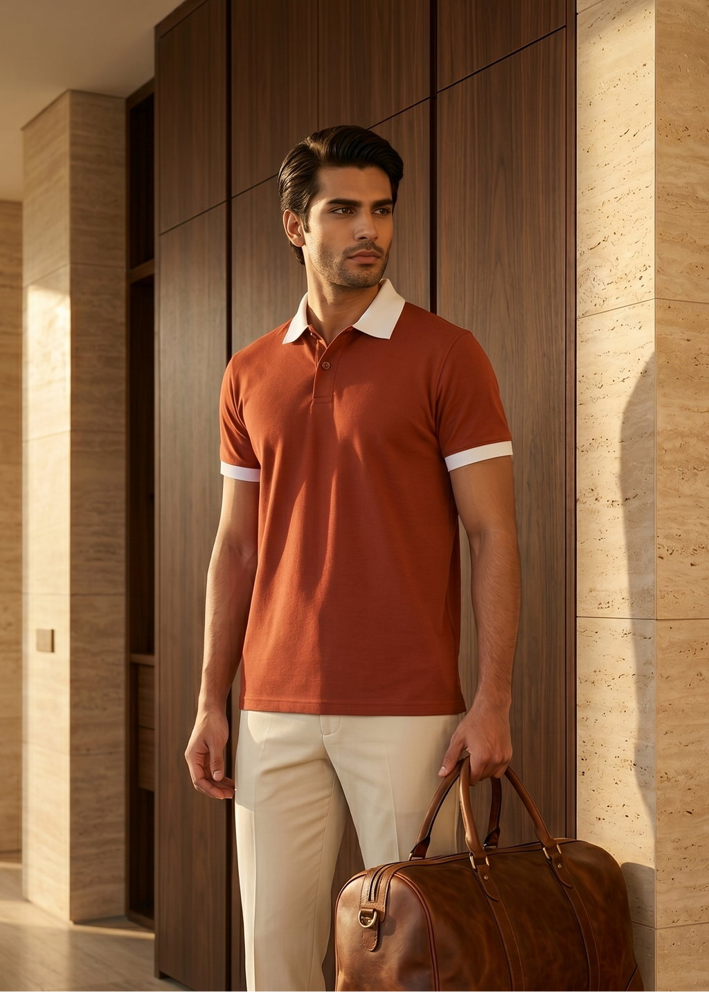 Man in a red polo shirt holding a brown leather bag in a modern interior setting