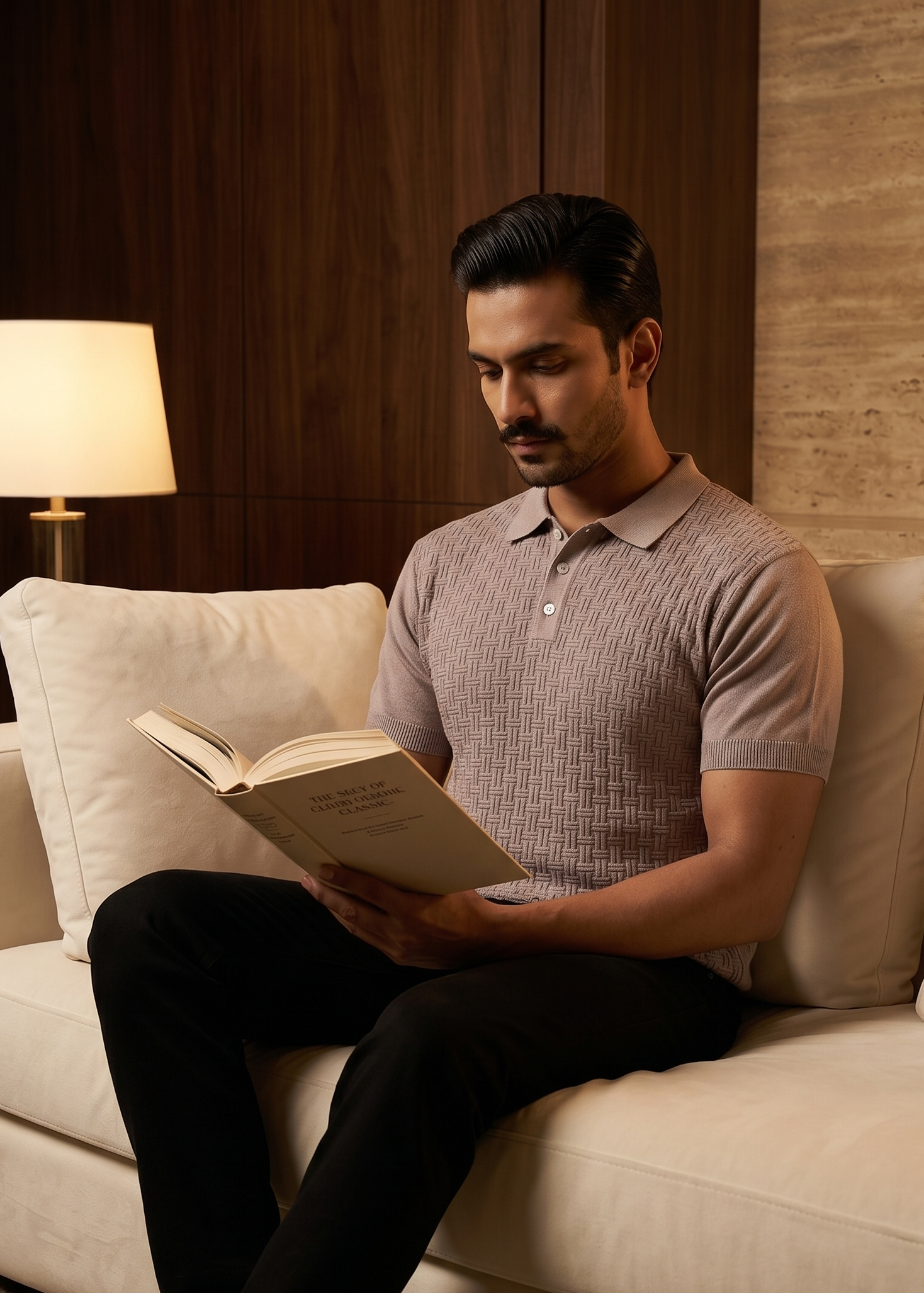 Man reading a book on a beige couch in a cozy room with warm lighting.