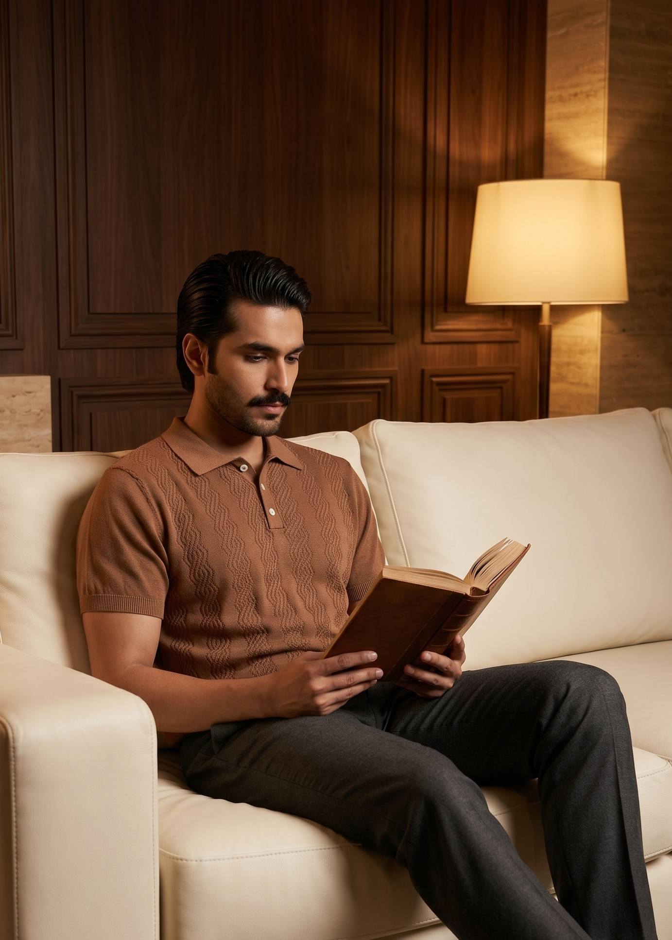 Man reading a book on a beige sofa in a warm-lit room.