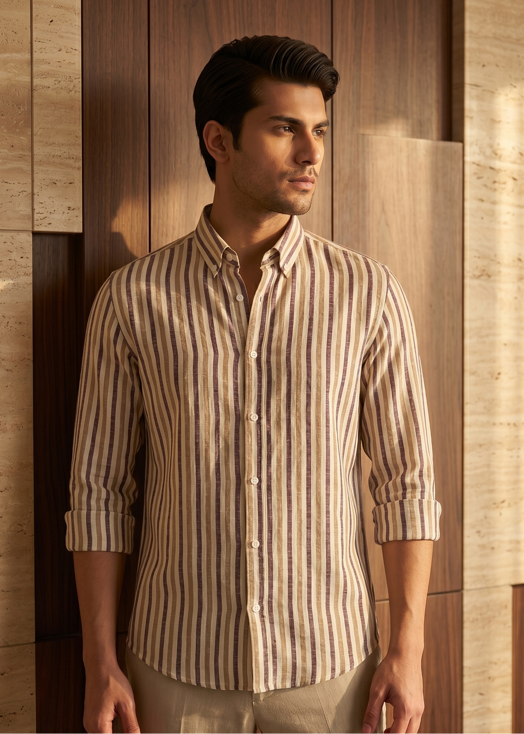 Man wearing a striped shirt standing against a wooden paneled wall.