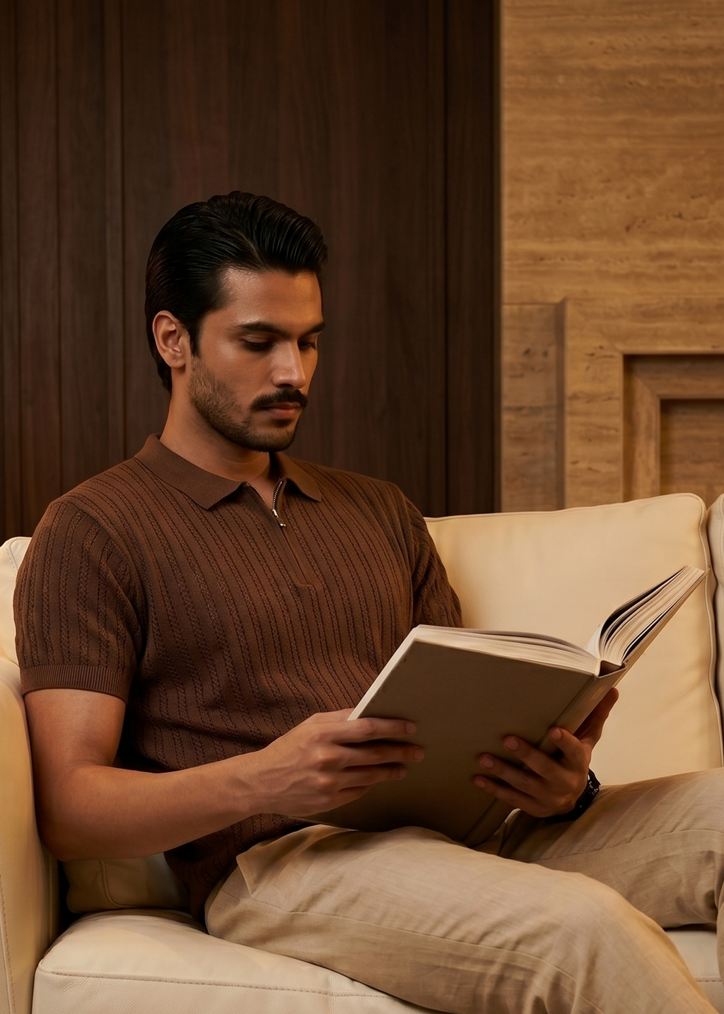 Man reading a book on a beige couch in a warm-toned room.