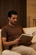Man reading a book on a beige couch in a warm-toned room.