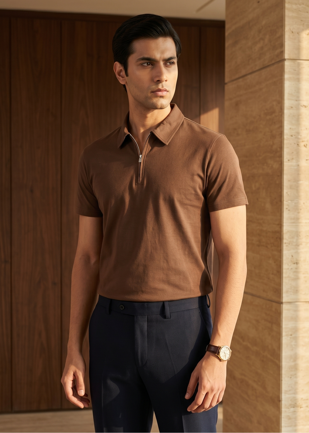Man wearing a brown polo shirt and dark pants standing against a wooden wall.