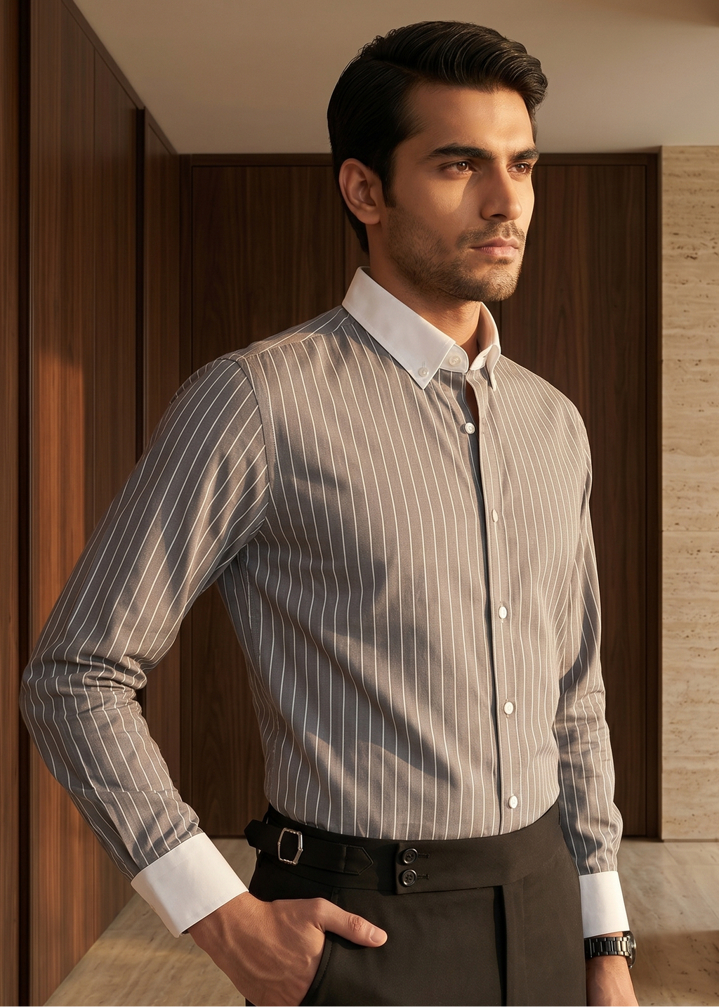 Nardo Grey Stripe Down Button Cotton Shirt