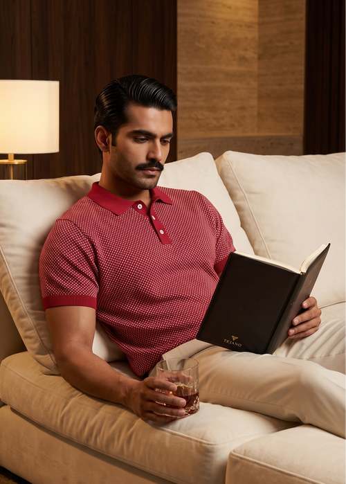 Man in a red polo shirt reading a book on a beige couch with a lamp in the background.