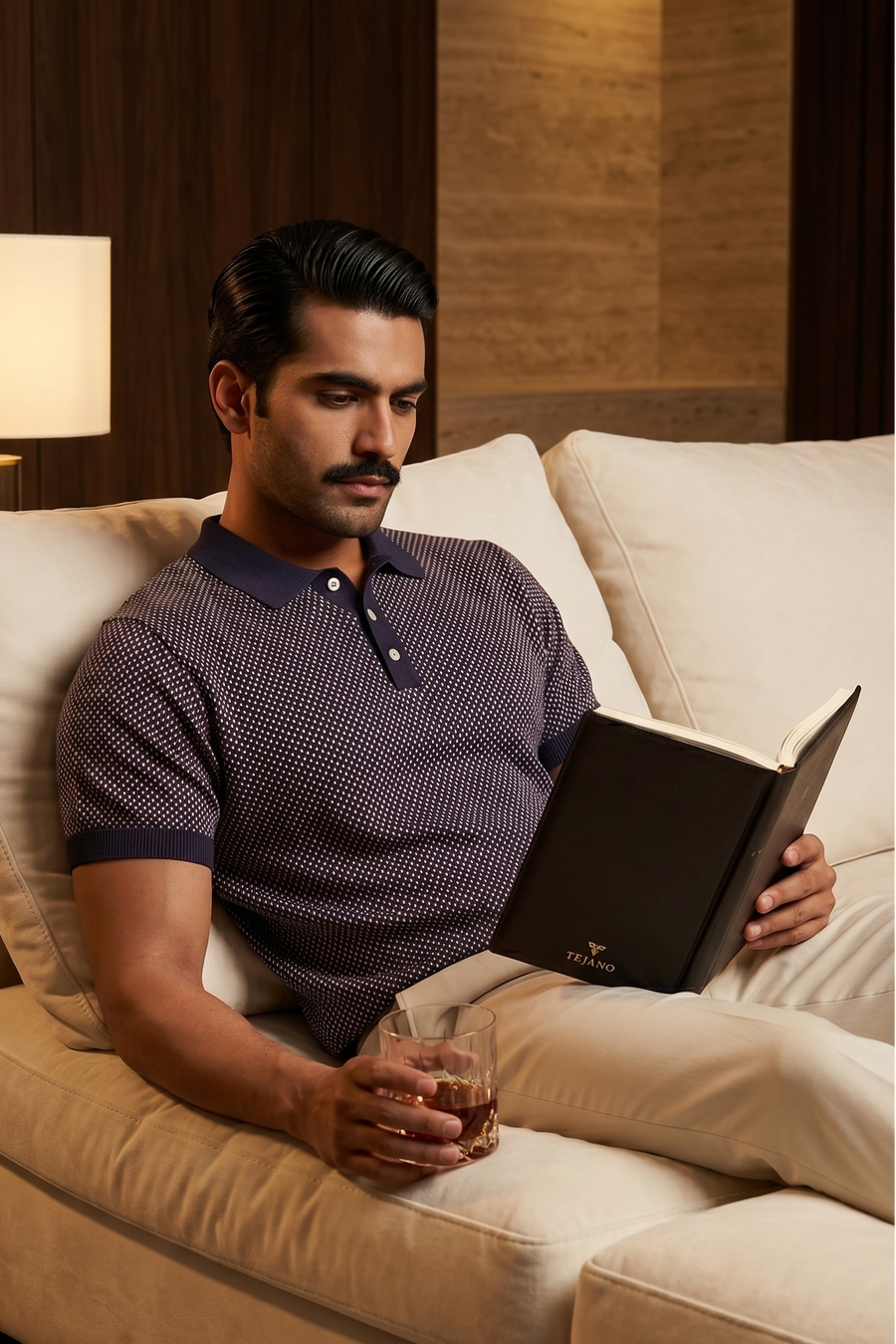 Man sitting on a couch reading a book in a cozy room.