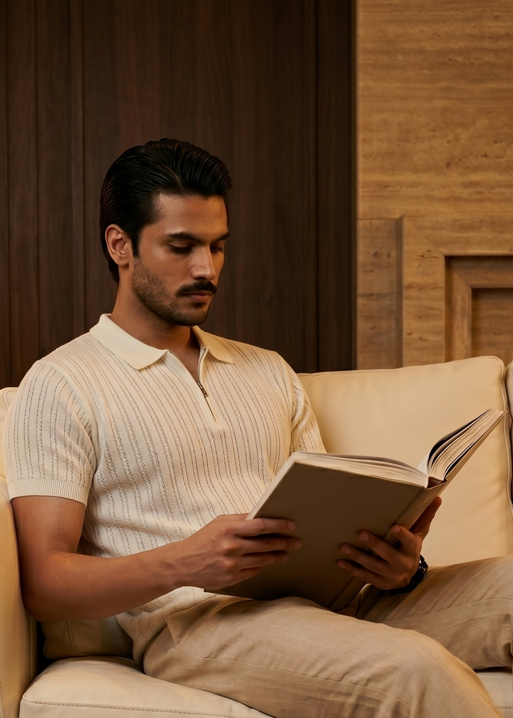 Man reading a book on a beige couch in a warm-toned room.