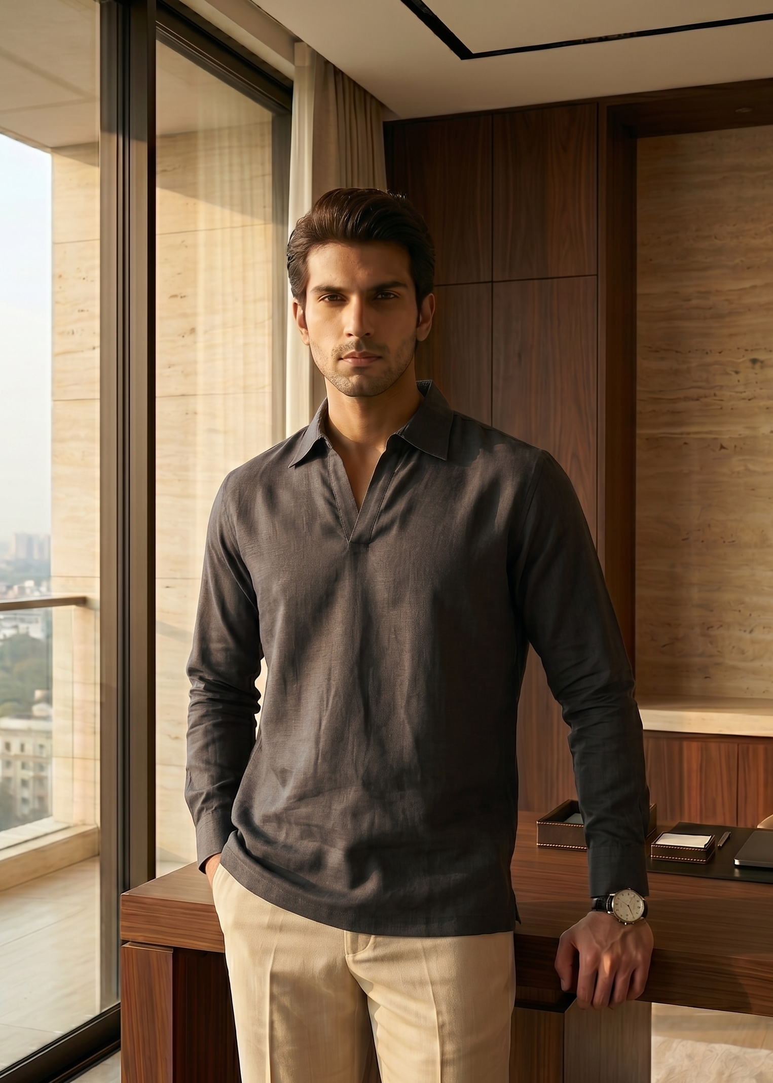 Man standing in a modern office with large windows