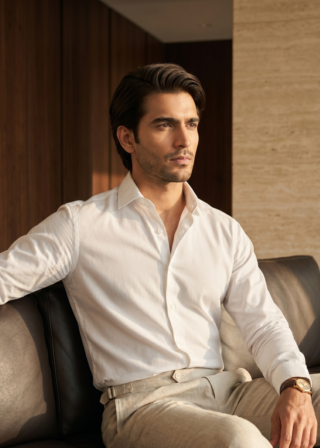 Man in a white shirt and beige pants sitting on a couch in a well-lit room.