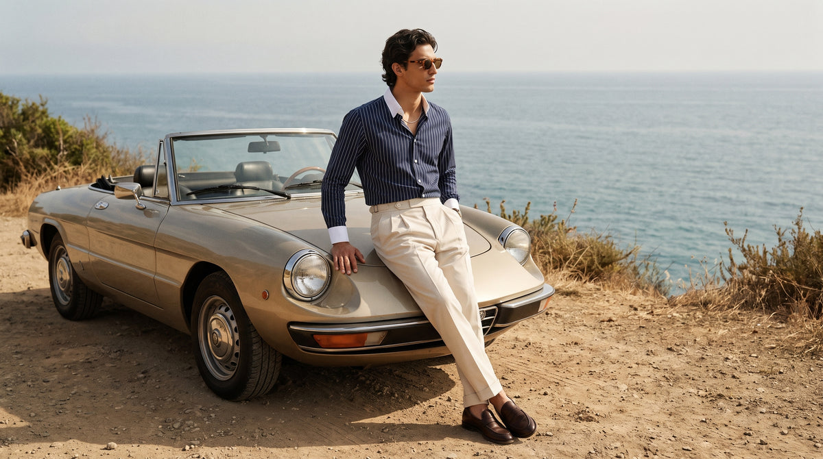 A man wearing sunglasses, a navy blue striped button-down shirt, cream trousers, and dark loafers leans against a beige convertible sports car on a cliffside road with the ocean in the background.