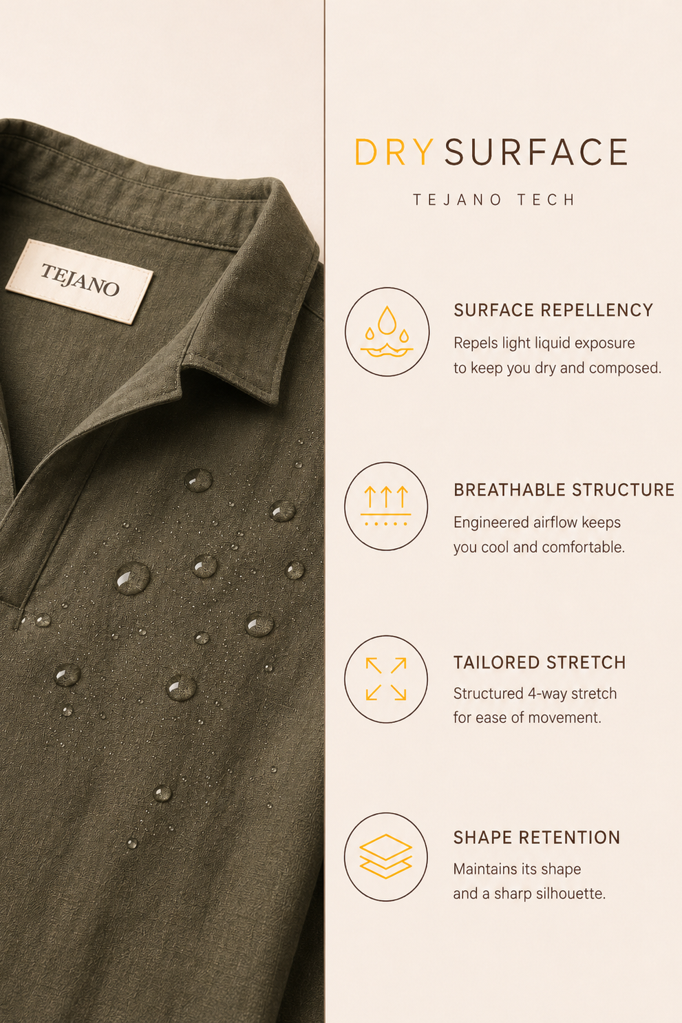 Tejano shirt with dry surface technology features on a beige background