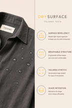 Gray shirt with Tejano label on collar and dry surface technology features on the right.