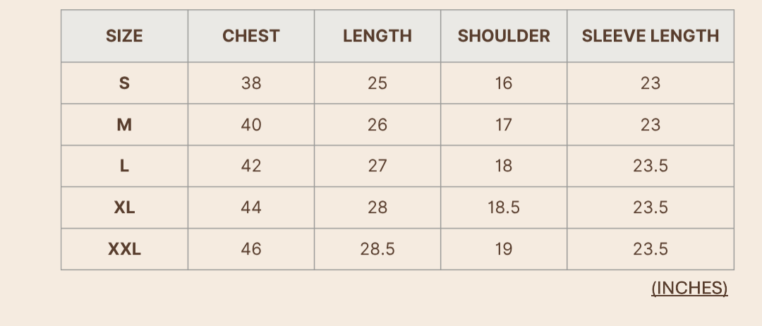 Product size chart