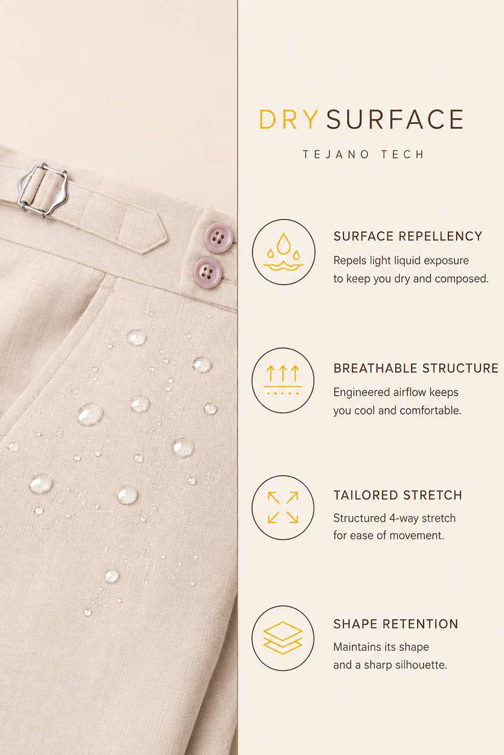 Beige coat with Tejano Tech features on a white background