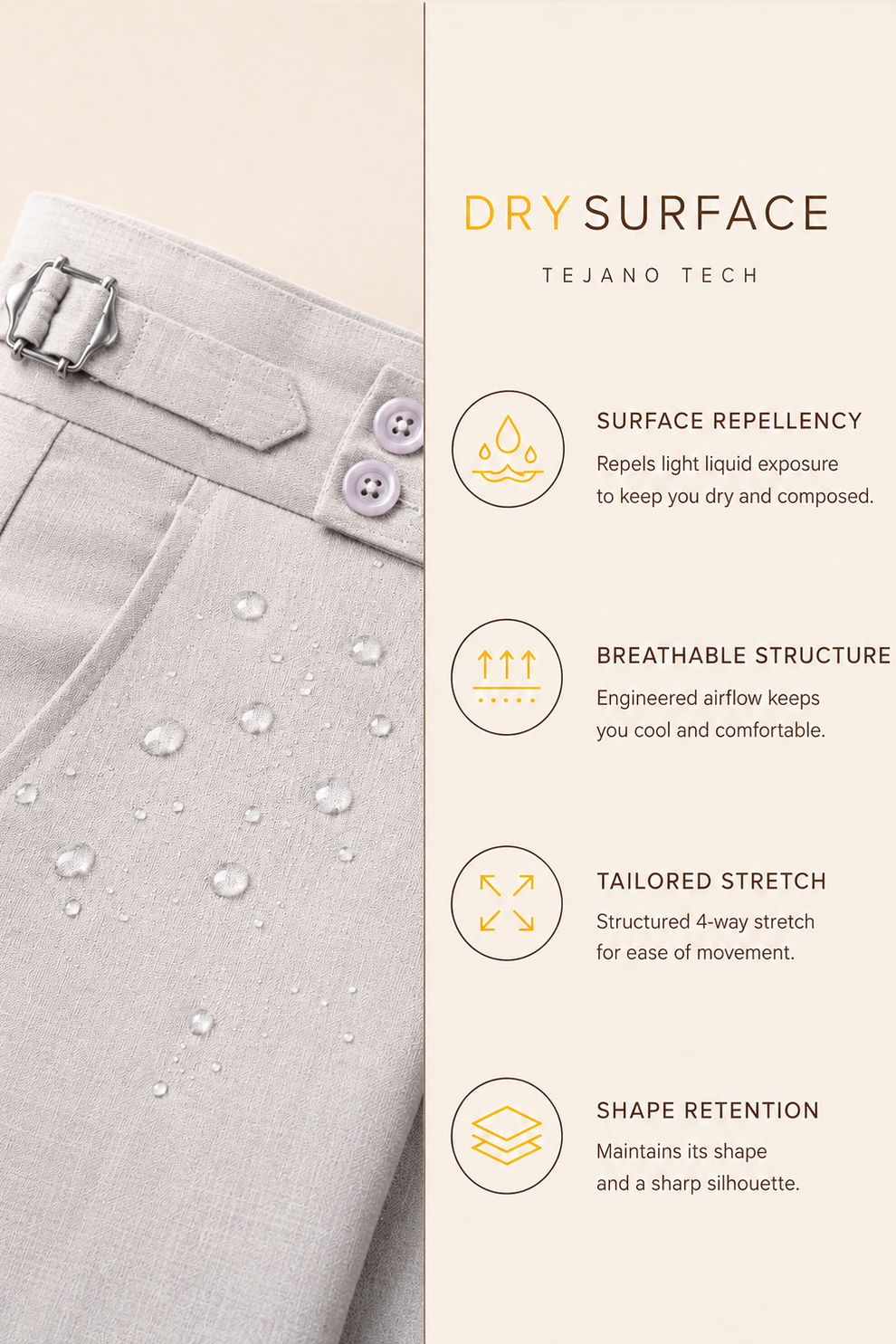 Gray pants with buttons on a beige background, featuring Tejano Tech dry surface technology details.