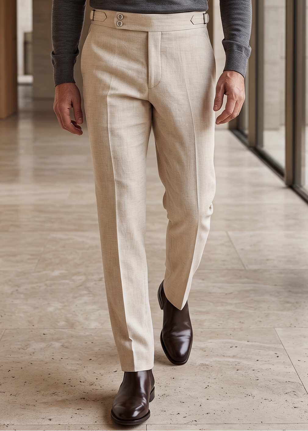 Man in gray polo shirt and beige pants walking in a modern indoor setting