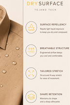 Tejano shirt with water droplets on a beige background and feature panel on the right.