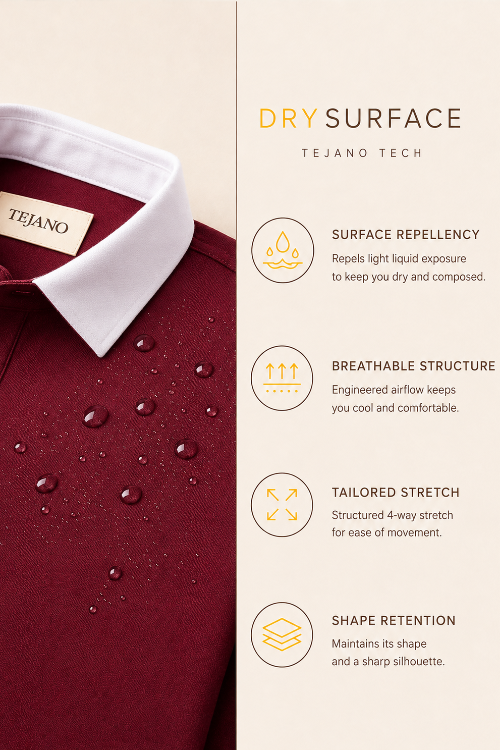 Maroon shirt with white collar and Tejano label, featuring dry surface technology details on a beige background.