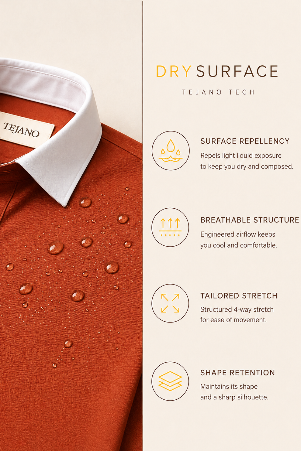 Red polo shirt with white collar and 'Tejano' label, featuring dry surface technology details on the right.